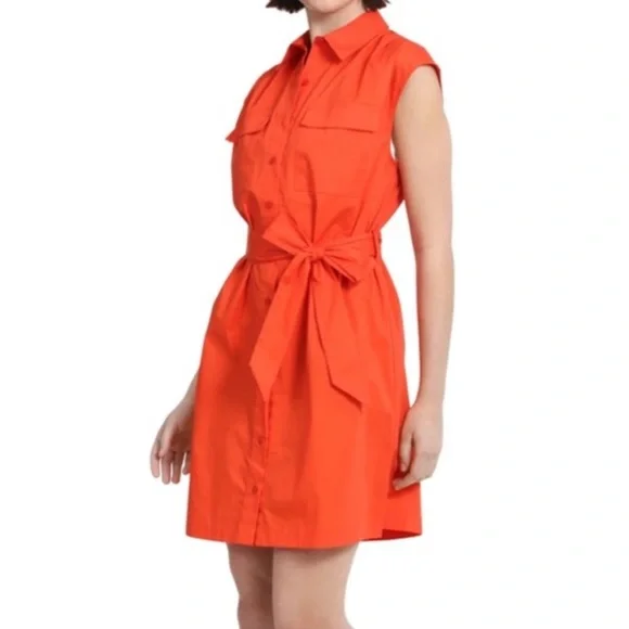 donna morgan orange dress Donna Morgan High Neck Collared Dress, Button Down, Folded Short Sleeve, Cotton Blend, Multi Print, Pockets - Amber Red